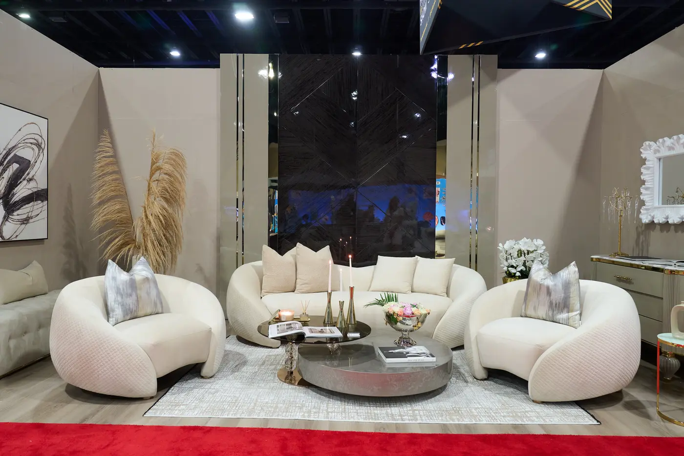 Designer living room vignette with cream seating and modern finishes