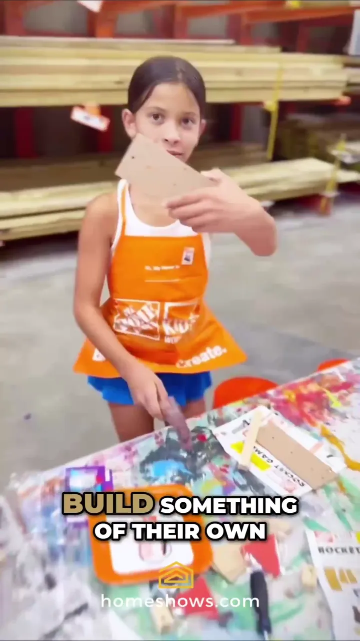A girl in an orange Home Depot Kids Workshop apron holding up the wooden project she just built