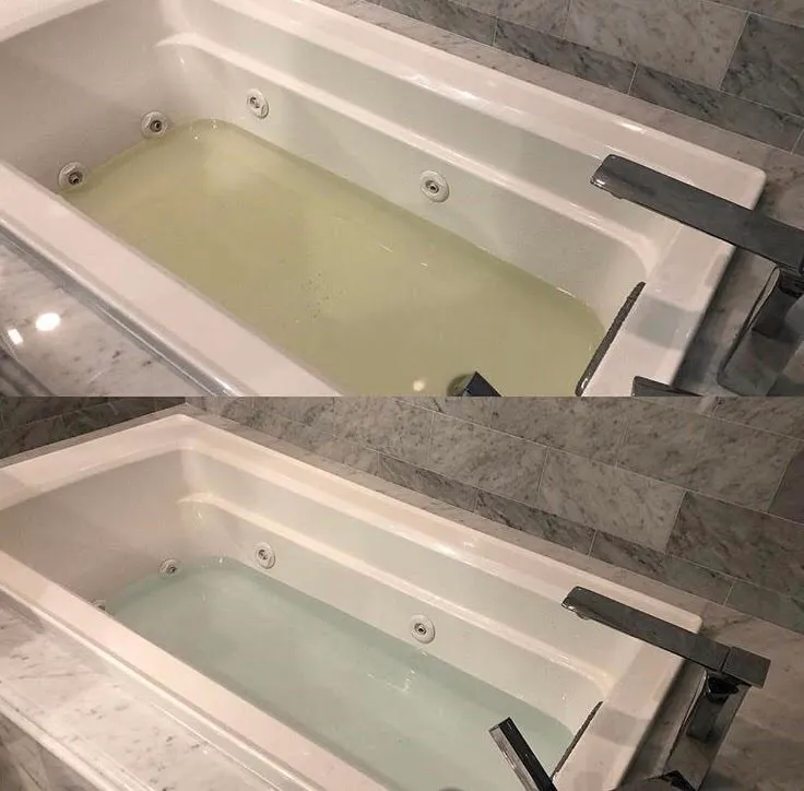 Before-and-after bathtub comparison showing yellowed vs. clear filtered water