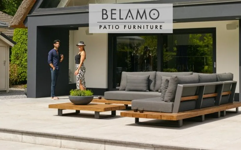 Belamo Patio Furniture outdoor sectional with wood table on a modern home terrace