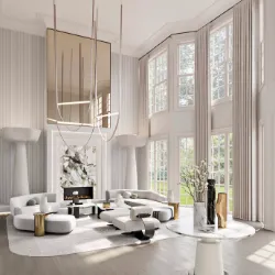 Grand double-height living room with curved sofas, gold chandelier, and floor-to-ceiling windows