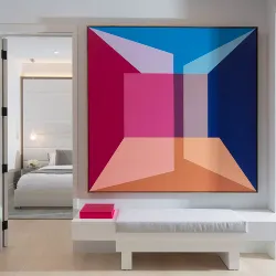 Minimalist white bedroom with bold geometric diamond-shaped canvas above the bed