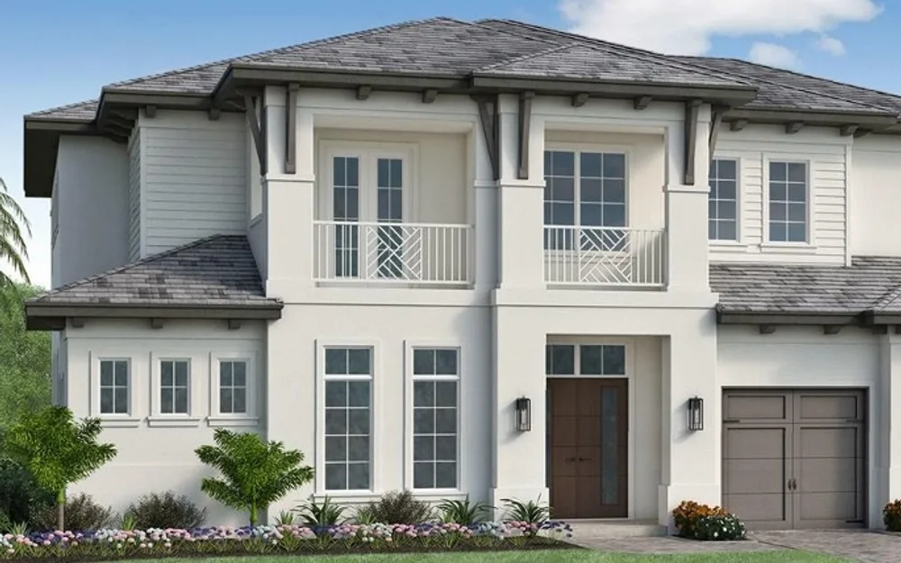 Two-story custom home rendering with balcony, dark wood door, attached garage, and tropical plantings