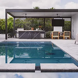 Louvered pergola over pool deck and outdoor kitchen bar with pool and green-wall privacy screen