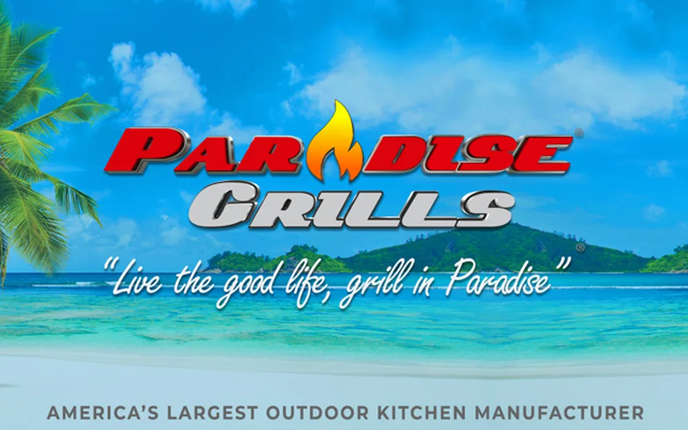 Paradise Grills logo on tropical beach backdrop with tagline 'Live the good life, grill in Paradise'