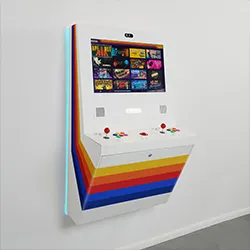 White wall-mounted arcade cabinet with rainbow stripe panel, angled view showing slim profile