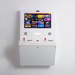 All-white wall-mounted arcade cabinet with large touchscreen game menu and red controls, front view