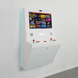All-white wall-mounted arcade cabinet with colorful LED edge lighting and red controls, angled view