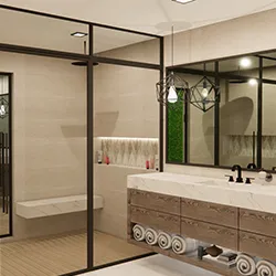 Luxury bathroom render with glass walk-in shower, backlit niche, double vanity, and geometric pendant light