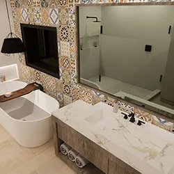 Bathroom remodel render with freestanding tub, patterned tile wall, marble vanity, and glass shower