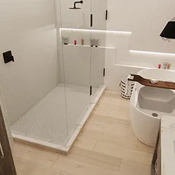 Modern bathroom render with walk-in shower, mosaic tile floor, and floating pedestal sink