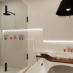 Upscale bathroom render with soaking tub, subway tile walls, backlit LED niche, and wood tray