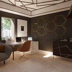 Dark luxury home office render with gold hexagonal wall art, geometric ceiling detail, and modern desk