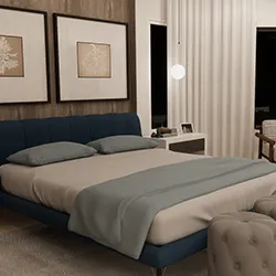 Luxury bedroom render with upholstered king bed, wood headboard wall, and soft neutral palette