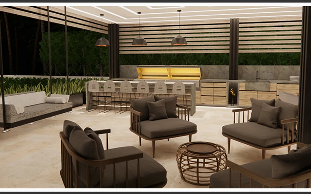 3D render of luxury outdoor living space with louvered pergola, outdoor kitchen bar, and deep-seat seating