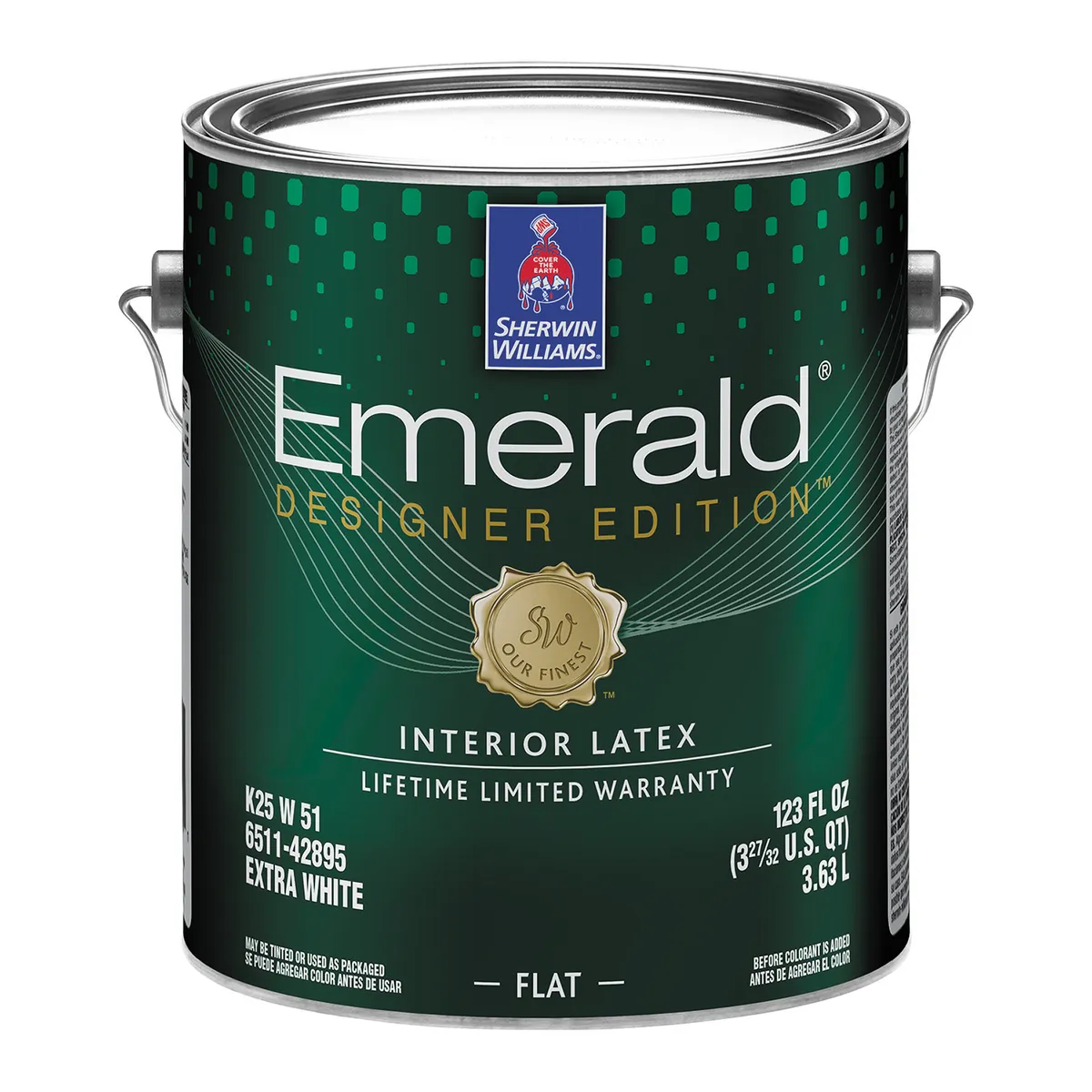 Sherwin-Williams Emerald Designer Edition interior latex paint can, flat finish, extra white