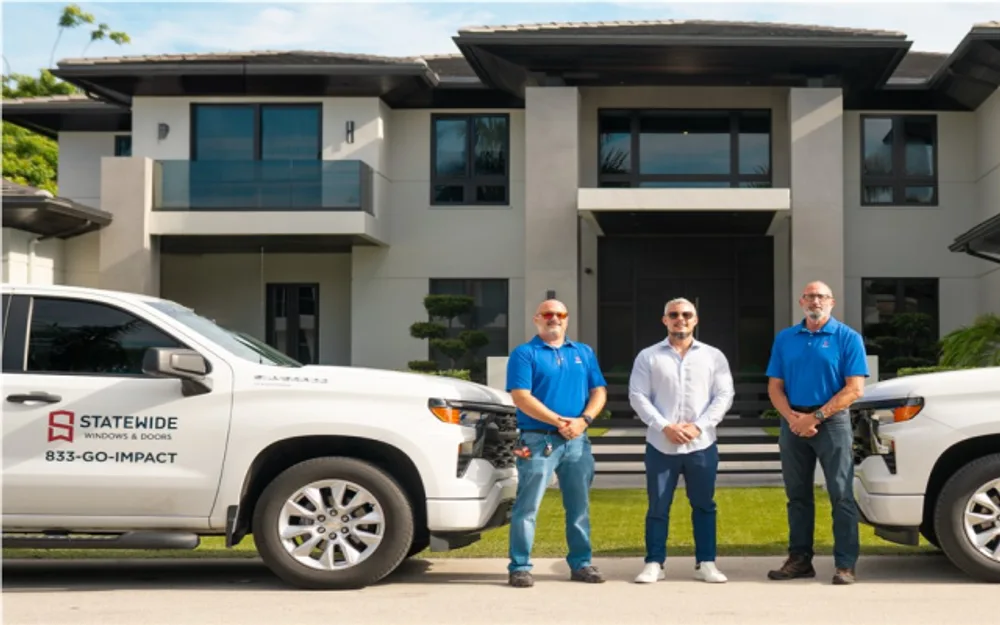 Statewide Windows & Doors team of three men standing in front of a modern two-story home and company trucks
