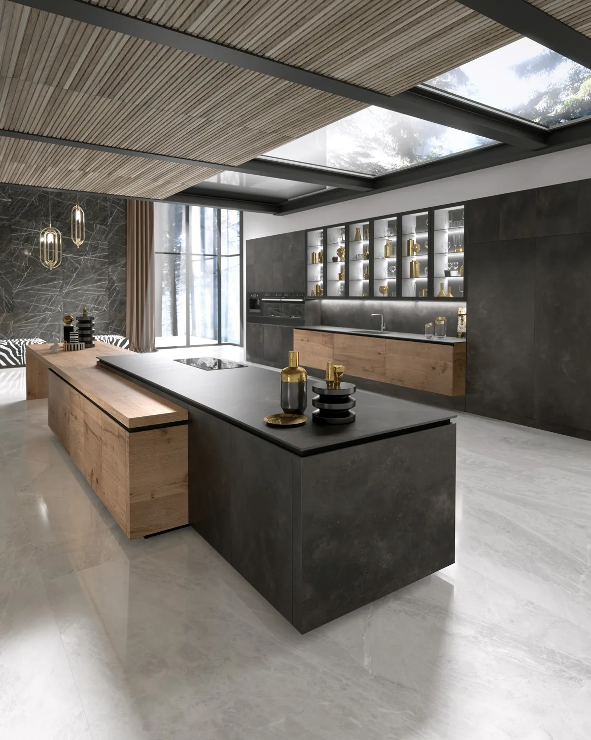 Dramatic Italian kitchen island in dark concrete and warm wood with skylight ceiling