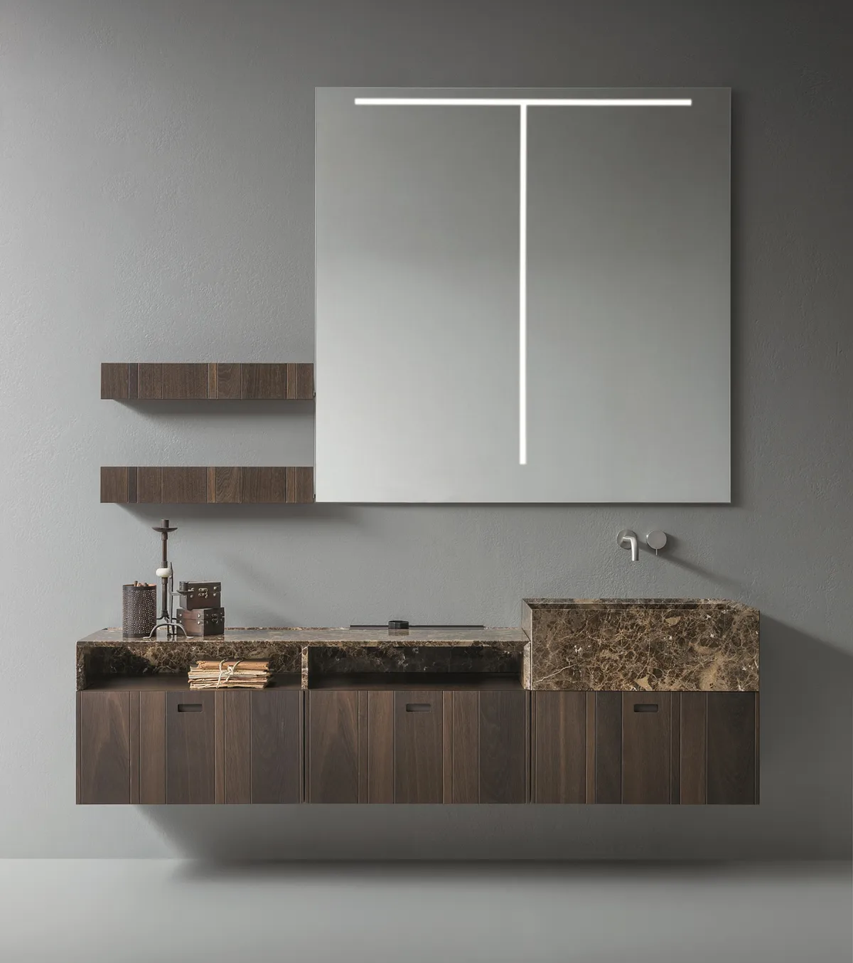 Floating wall-mounted bathroom vanity with marble top, walnut drawers, and LED backlit mirror