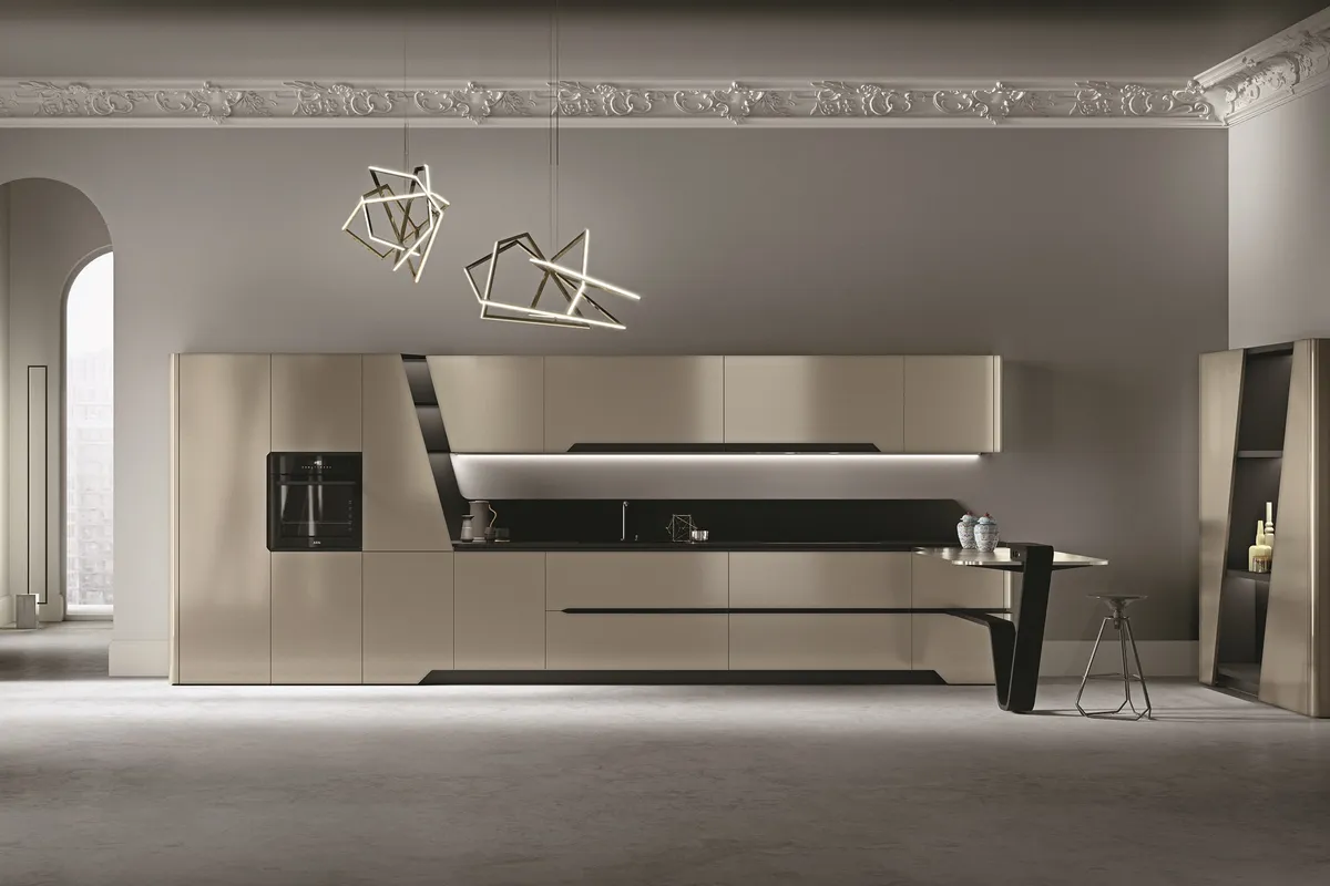 Sleek taupe Italian kitchen with matte flat-panel cabinets, black peninsula, and geometric pendant lights