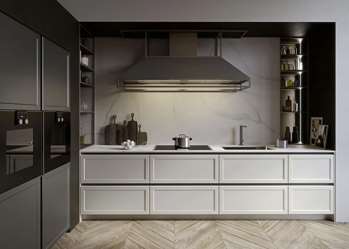 Classic white kitchen with shaker drawers, marble backsplash, steel range hood, and herringbone floor