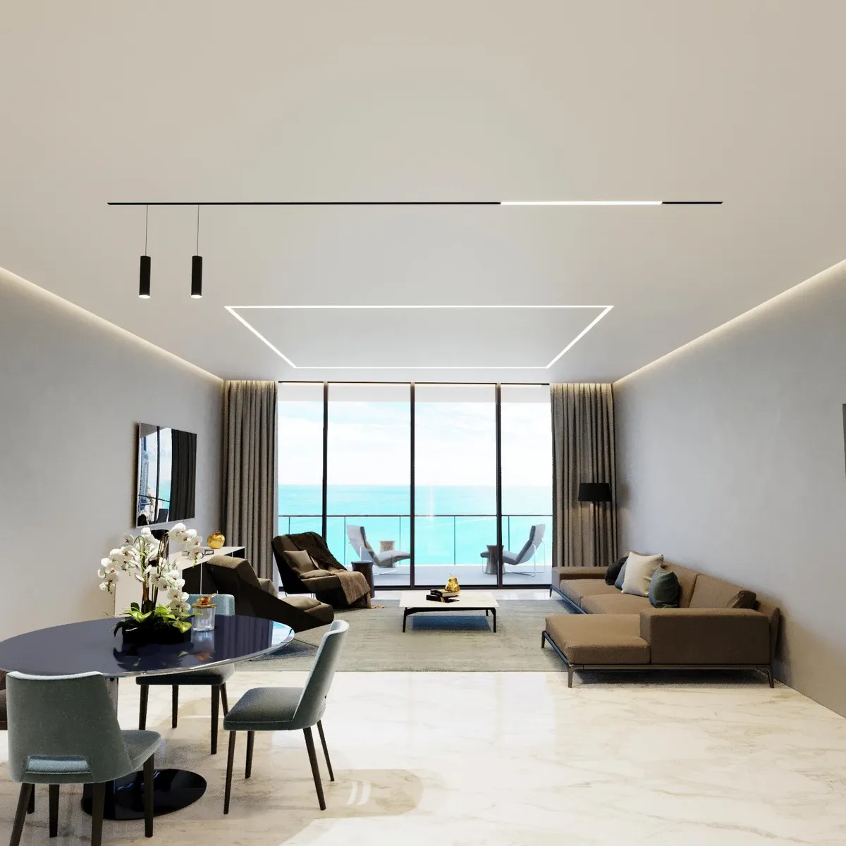Modern open-plan living room with ocean view, LED ceiling lighting, and dark dining table