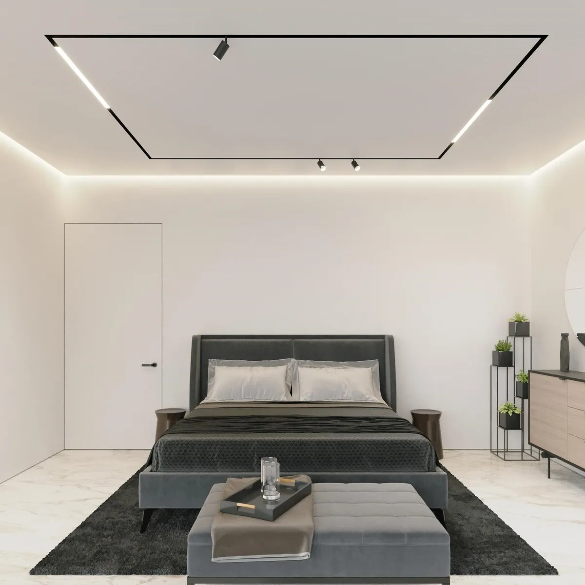 Minimalist bedroom with dark upholstered bed, LED ceiling frame, and marble tile floor