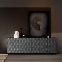 Dark charcoal low-profile sideboard credenza with geometric textured door pattern