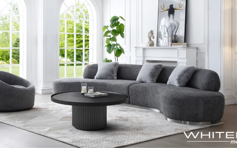 Whiteline curved gray sectional sofa and round pod chair in a bright white living room